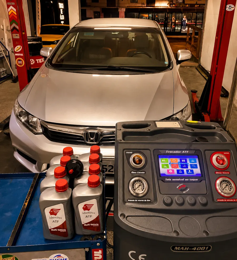 Máquina trocadora de ATF MAH-4001 realizando troca de óleo de câmbio automático na Oil Center CWB